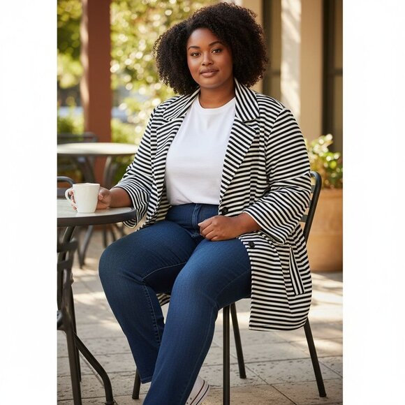Vintage Pendleton Womens XL Striped Swing Jacket Blazer Navy/White Pleated Back - Picture 6 of 14